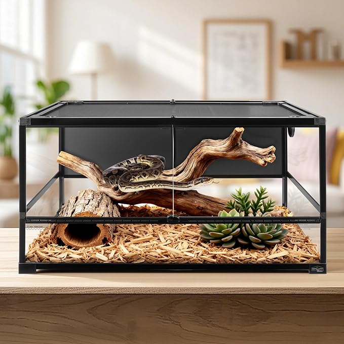 70 Gallon Full Glass Reptile Tank, Quick Fold Reptiles Enclosure with Waterproof Base, Top Screen Ventilation, 40" x 20" x 20" Front Opening Large Terrarium for Bearded Dragon, Ball Python, Snake
