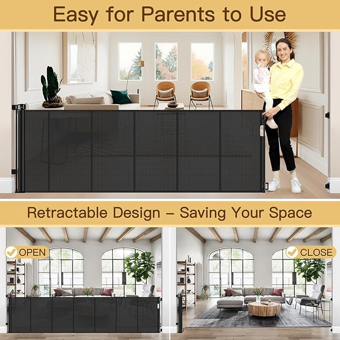 Reinforced 120 Inch Retractable Baby Gates Extra Wide Baby Gate to Prevent Crawling Through, Indoor/Outdoor Retractable Dog Gate, 10ft Scratch-resistant Mesh Child Gates for Doorways Extra Wide, Black