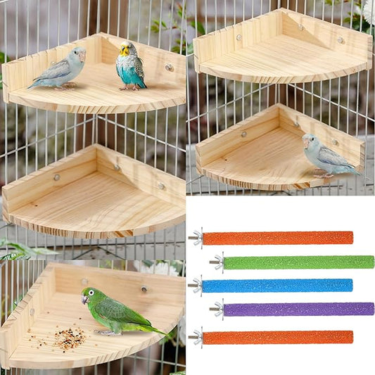 Novabright 10 Pack Bird Perch Stand Toys, 5 Pcs 7 Inch Wooden Corner Platforms & 5 Pcs 8 Inch Parrot Paw Grinding Sticks, Cage Accessories for Cockatiels, Budgies, Parakeets