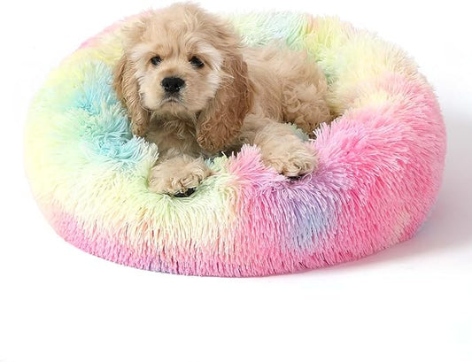 NOYAL Calming Donut Dog Bed for Small to Medium Dogs & Cats - Plush Faux Fur Anti-Anxiety Pet Bed with Machine Washable Cover & Non-Slip Base