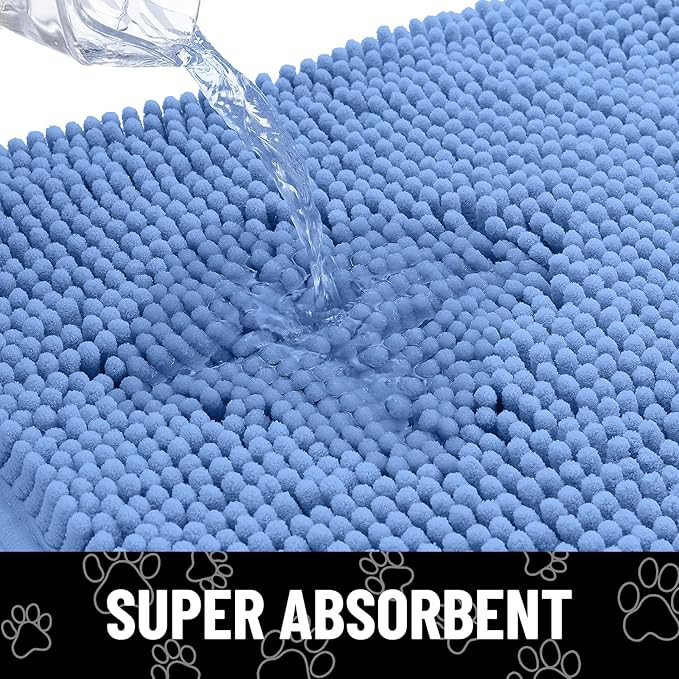 Smiry Dog Door Mat for Muddy Paws, Absorbent Dirt Trapper Non Slip Quick Dry Washable Chenille Mat for Mud Dogs, Entry Rug for Indoor and Outdoor (48x30 Inches, Cornflower Blue and White)