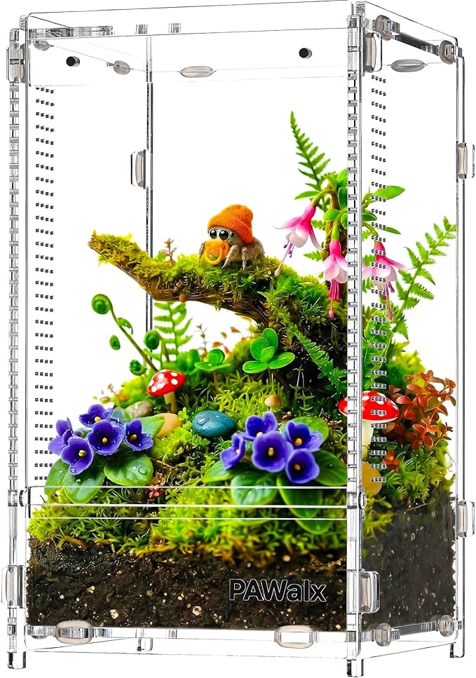 Jumping Spider Enclosure, Acrylic Terrarium with with Magnetic Doors, 0.8mm Micro-Ventilation, Stackable Escape-Proof Habitat for Jumping Spiders, Tarantulas & Small Reptiles, 4.7"x4.7"x9"