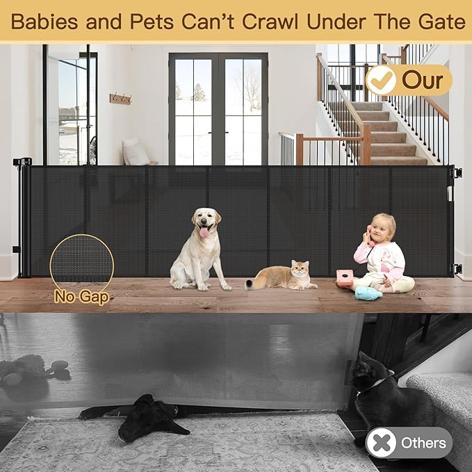 Reinforced Bottom 100 Inch Retractable Baby Gates Extra Wide Baby Gate for Large Openings, 8 ft Super Long Child Gates for Large Openings, Mesh Retractable Dog Gate for Doorways Extra Wide, Black