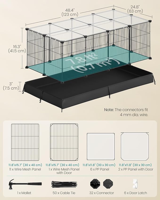SONGMICS Guinea Pig Cage, Rabbit Cage, Small Animal Playpen with Waterproof Mat, Top and Side Door, 20 Panels, 48.4 x 24.8 x 16.3 Inches, Ink Black ULPI011BH01
