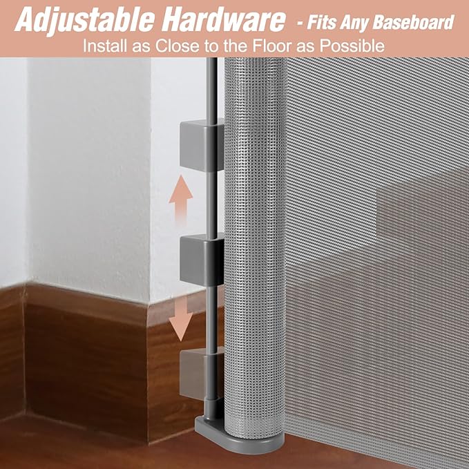 Reinforced 42" Extra Tall x 75" Wide Retractable Baby Gates with Support Rods - Prevent Crawling Under Extra Tall Pet Gate Indoor Mesh Baby Gates for Dogs Outdoor Retractable Gate, Gray