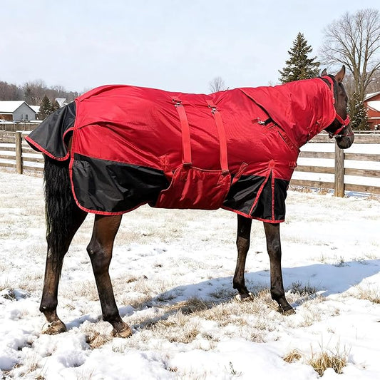 Horse Blankets,1600D Oxford Cold Weather Horse Trunout Sheets, Medium Weight Winter Horse Care Blankets with 280g Filling Liner (Red&Black, US 72 inch/EU 135 cm)