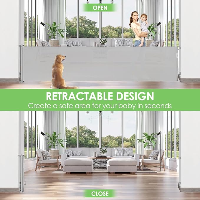 150 Inch Extra Wide Retractable Baby Gates for Large Openings Long Dog Gates for Doorways Large Pet Gate for The House Extra Wide Indoor Outdoor Pet Gates for Dogs, Light Gray