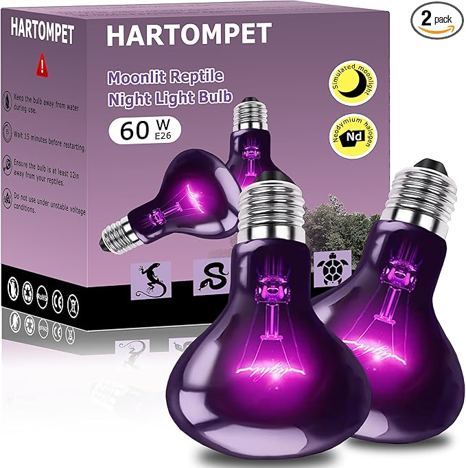 60W Reptile Night Light Bulb, Purple UVA Heat Lamp with Simulated Moonlight Effect, Night Basking Lamp for Bearded Dragons, Lizards, Snakes & Amphibians, Terrarium & Aquarium Use, 2 Pack