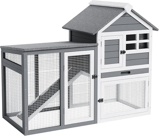 GarveeLife Small Wooden Chicken Coop, 2-Story Rabbit Hutch Indoor Outdoor with Waterproof Roof, Bunny Cage with Pull Out Tray and a Wooden Ramp