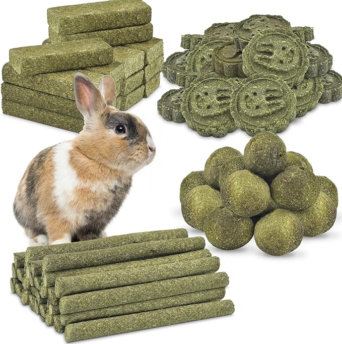 ERKOON 75Pcs Bunny Chew Toys, 100% Natural Timothy Hay Biscuit&Treats Sticks, Chew Toy for Teeth for Rabbit Chinchilla Guinea Pig Hamster Gerbil Squirrel, 25.5oz