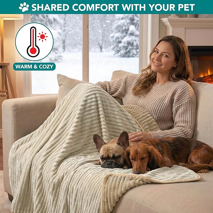 PetAmi Waterproof Dog Blanket, Leakproof Pet Blanket for Small Medium Large Dogs, Reversible Furniture Bed Sofa Couch Cover Protector, Plush Striped Pet Throw for Indoor Cat, 29x40 in, Taupe Beige