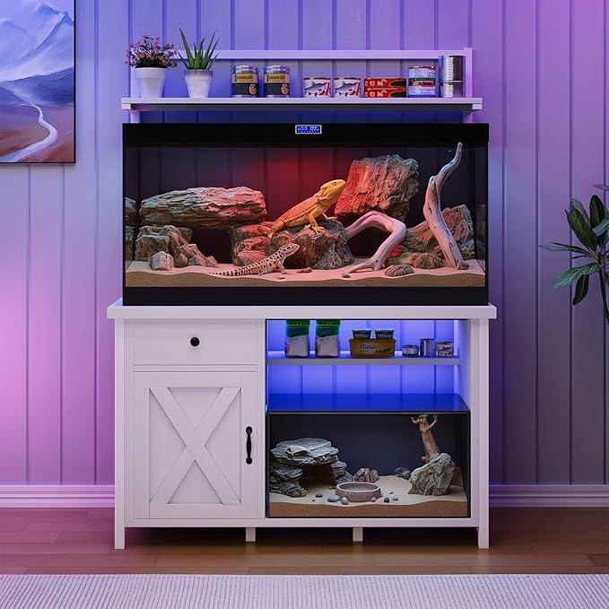 Reptile Tank Stand with Power Outlet, Terrarium Stand with Storage Cabinet, 49" X 20" Tabletop, Aquarium Stand with LED Lights, Reptile Terrarium,Turtle Tank, 1100LBS, White