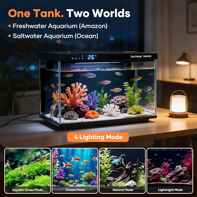 7.5 Gallon Smart Fish Tank, Auto Temperature Control & Filtration, LED Color-Changing Light, TDS&Temperature Alert, Quiet Circulation, Fresh/Salt Water Applicable, Desktop Aquarium 17.8*11.2*10.7 Inch