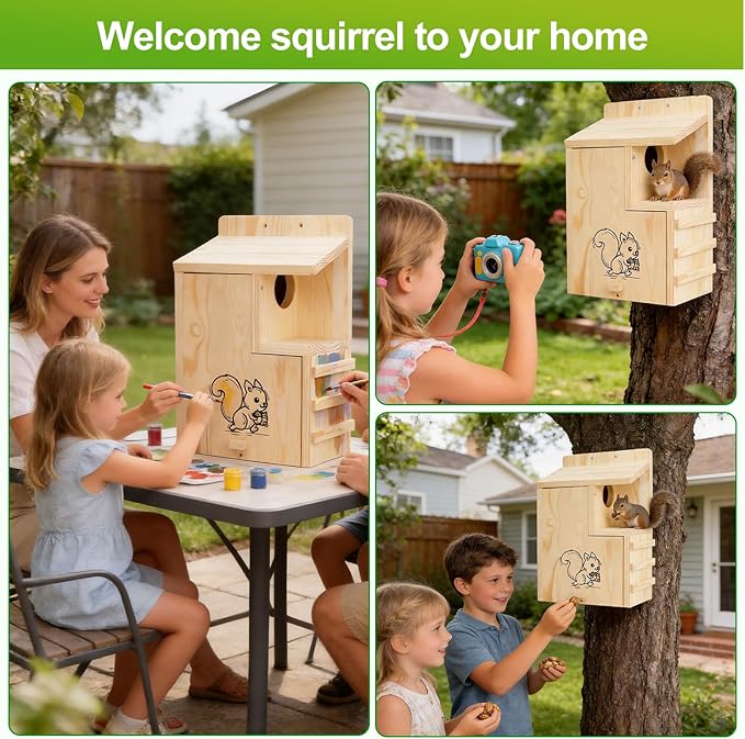 Large Wooden Squirrel House for Outside, Predator Guard Squirrel Nesting Box, Easy Assembly Outdoor Shelter for Squirrels & Chipmunks, Weatherproof Pine Wood Wildlife Habitat