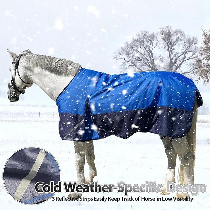 300g Fill 1200D Mid-Heavy Weight Winter Waterproof and Breathable Horse Blanket Belly Straps| Turnout Blankets with Reflective Strips (Dark Blue, 66'')