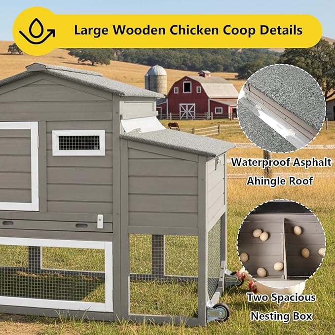 Chicken Coop for 2-3 Chickens, with Large Nesting Box, No-Slip Ramp & Pull-Out Tray, Wooden Poultry Bunny Hutch for Outdoor Indoor