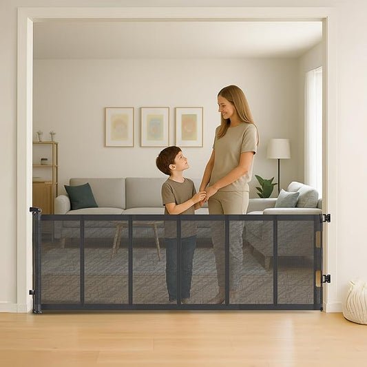 34" H Tall Mesh Dog Gate Extends Up to 120" W Retractable Pet Gate with Drill Installation, Preventing Crawling Through for Stairs, Doorways, Indoor & Outdoor (Gray)
