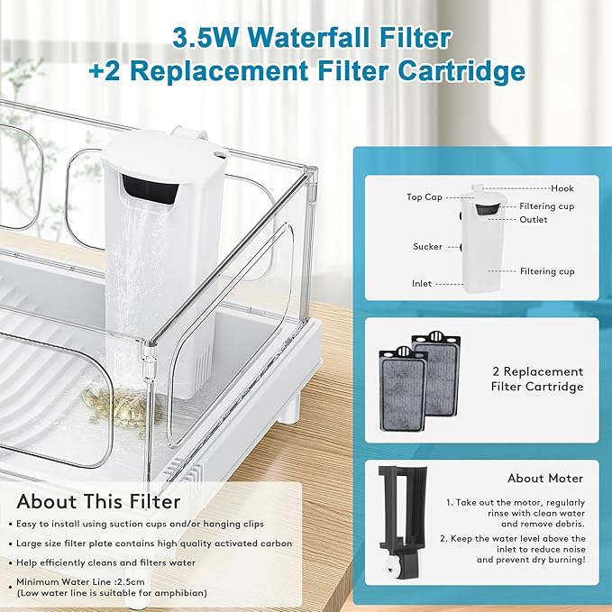 Turtle Tank Kit - Starter Aquarium with Filter, Brush, Easy to Install & Clean, for Turtles, Crabs, Small Reptiles
