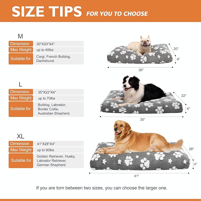 Dog Beds for Small Medium Dogs, Cute Thick Dog Bed for Crate Kennel, Fluffy Pet Bed with Removable Washable Cover and Anti-Slip Bottom, 30"x 20", Grey Paw