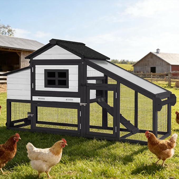 Wooden Chicken Coop with Run, Mobile Chicken House with Wheels, Outdoor Hen Poultry Cage with Leak-Proof Tray and Nesting Box, Lager Chicken Coops with UV-Resistant Roof for 2-3 Chickens (White)