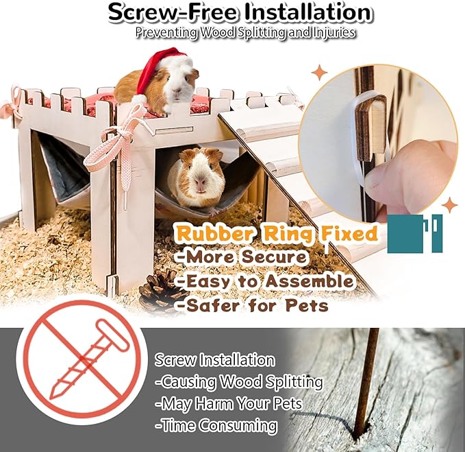2PCS Guinea Pig Hideout with Hammock,Large Wooden Guinea Pig House with Stairs and Mats,Detachable Guinea Piggy Hide for Small Animals Hamster Ferret Chinchilla Habitats Accessories