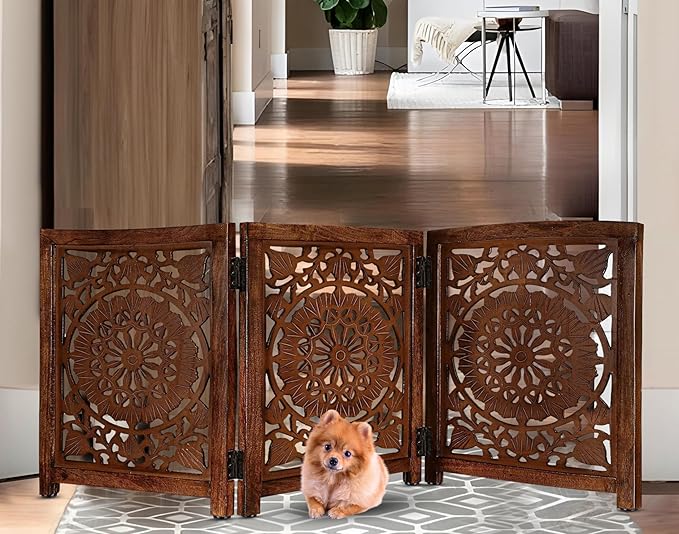 Lightnpro Carved Wooden Dog Gate - Extra-Wide Freestanding Foldable Indoor Pet Barrier, Decorative Safety Gate for Dogs & Puppies, Perfect for Stairs, Doorways & Hallways - 24x54 Inch Natural Burnt