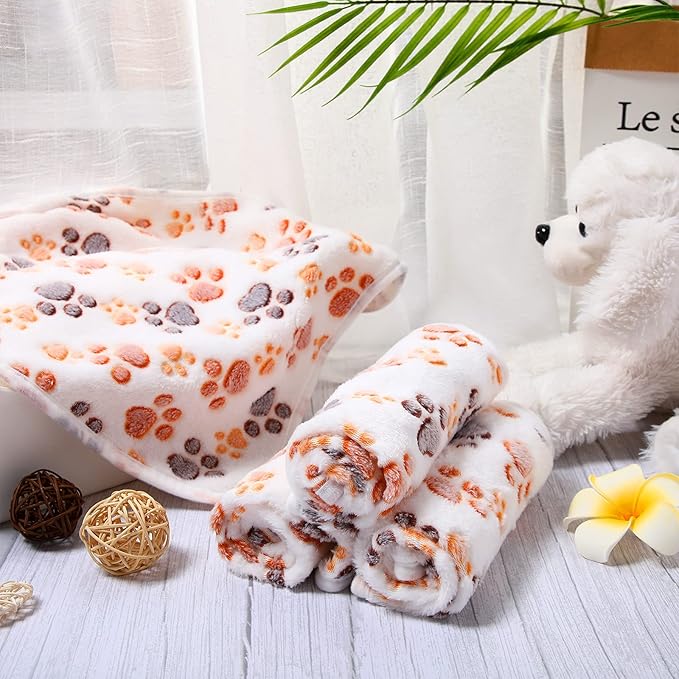 Tatuo 4 Pcs Dog Blanket for Pet Cat Blankets Indoor Puppy Teething Stuff Toys Paw Print Fleece Blanket Warm Sleep Mat for Guinea Pig Cage(White,Medium(30 x 20.5 Inch),Square)