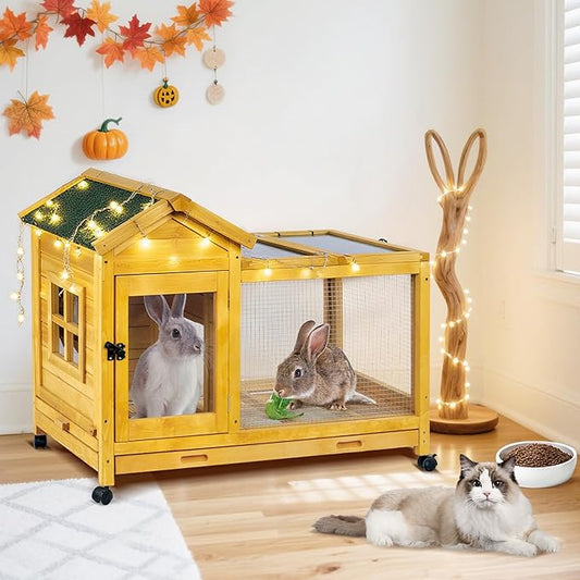 Outdoor Wooden Rabbit Cage:Rabbit Hutch Indoor, Bunny Hutch with Leak-Proof Pull Out Tray&Hideout, Small Animal Cage for Rabbits, Large Guinea Pigs, Portable Habitat with Lockable Wheels