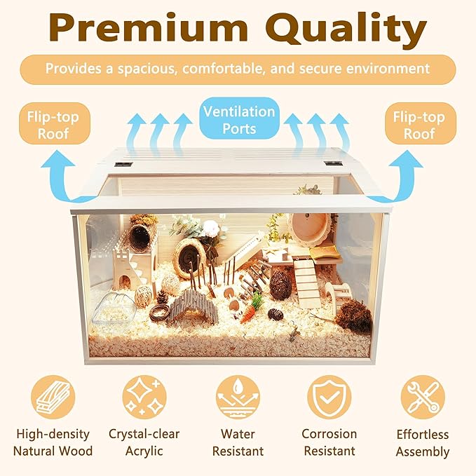 PROLEE Hamster Cage with Chewproof Wood Top, Guinea Pig Cages, Hamster Habitat with Clear Acrylic Sheets Solid Built, Small Animal Cage (Oak, 24X15.5X15.5 inch)