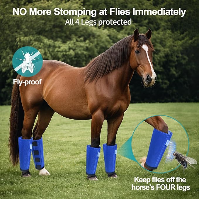Mesh Horse Fly Boots Set of 4, Loose Fitting Leggings for Horses, Reduce Stressful Stomping, Breathable Adjustable and Universal Fit for 4 Legs, Reliable Stay Put (Blue)