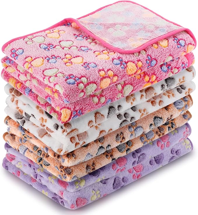 Tatuo 4 Pcs Dog Blanket for Pet Cat Blankets Indoor Puppy Teething Stuff Toys Paw Print Fleece Blanket Warm Sleep Mat for Guinea Pig Cage(White, Coffee, Pink, Purple,Large(36 x 36 Inch),Square)