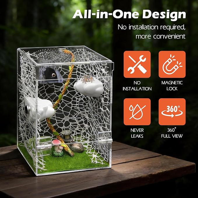 AZV Large Jumping Spider Enclosure Clouds Kit,Escape Proof Praying Mantis Habitat,Magnetic Front Door Tarantula Cribs Ventilation Spider Cage,Transparent Acrylic Reptile Tank,Bug Terrarium,Snail House
