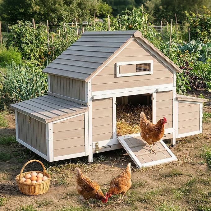 Large Chicken Coop Chicken House Outdoor with 6 Nesting Boxes & Pull-Out Tray for 4-6 Chickens, Wooden Backyard Hen House Poultry Cage with Weatherproof Openable Roof, 3 Perches, Expandable Run