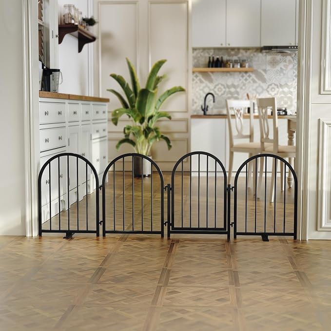 PUPETPO Full Metal Dog Gate with Door for Indoor Outdoor, 24" Tall Free Standing Pet Dog Fence, 72" Extra Wide Pet Gates for Stairs, Hallways, Doorways, Kitchen, Decks, Yards (Black, 4 Panels)
