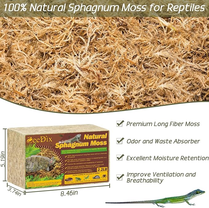 ZeeDix 2.2 lb Premium Sphagnum Moss for Reptiles, 50 qt Dried Long Fibered Leopard Gecko Moss for Terrarium, Natural Sphagnum Peat Moss Bedding for Frogs Anoles Snake Ball Python Turtle