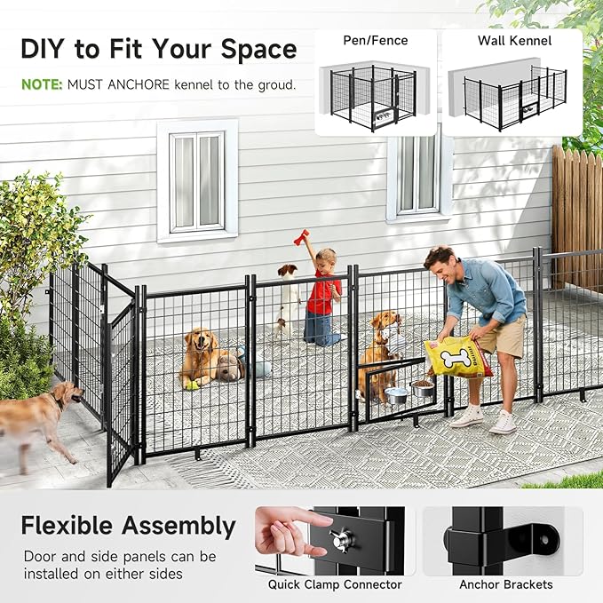 Dog Kennel Outdoor, Weatherproof Outside Dog Kennel with Roof & Swivel Feeders and Removable Dog Door, Outdoor Kennels Dog Enclosure Run for Medium Large Dogs (5'L x 5'W x 5'H)
