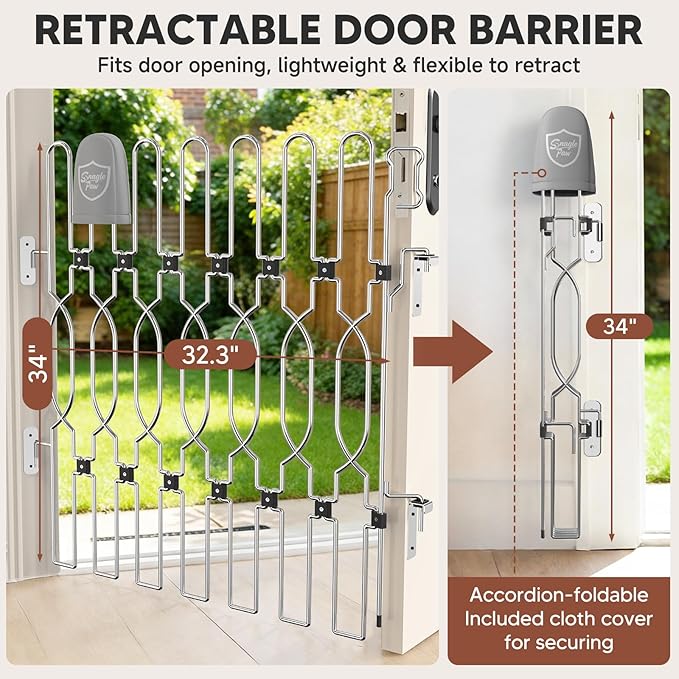Snagle Paw Extra Tall Metal Retractable Door Barrier, 32.3" Wide 35" Tall Safety Dog Gate for Front Door,Easy Install Retractable Pet Gate for Recreational Vehicle,Doorways