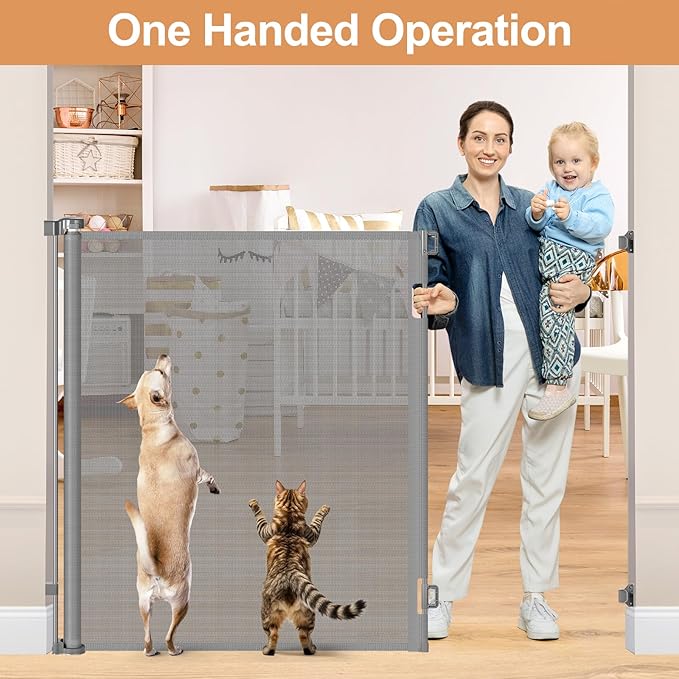 48" Extra Tall Retractable Dog Gate Indoor Prevent Your Baby/Dog/Cat from Jumping Over 55" Wide Extra Tall Retractable Baby Gate for Doorway Mesh Gates for Kids or Pets Puppy Gates for the House, Gray
