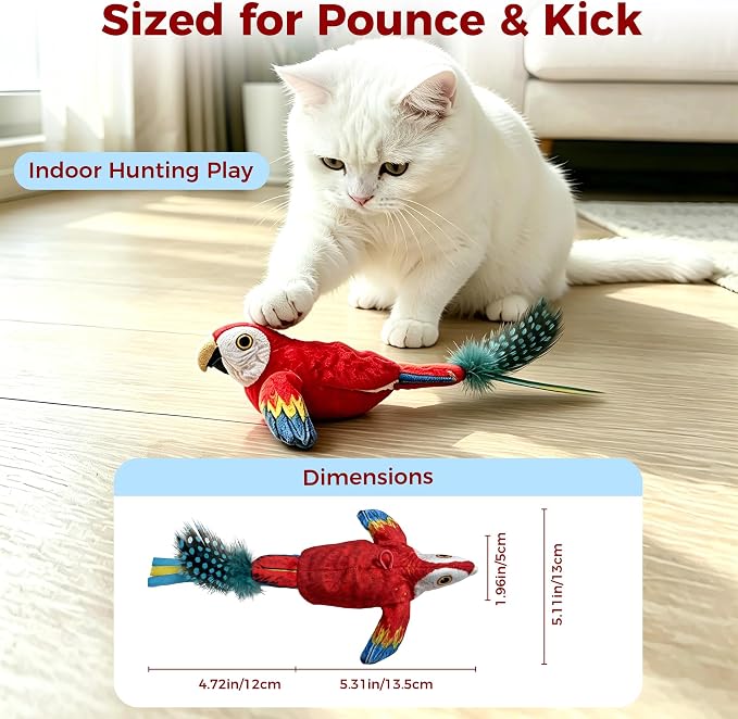 Interactive Bird Cat Toy for Indoor Cats, Flapping Wings and Moving Tail, Auto Chirping Cat Toy, Touch Activated Rechargeable Self Play Cat Kicker Toy, with 5 Bird Covers and Catnip Pouches - Image 9