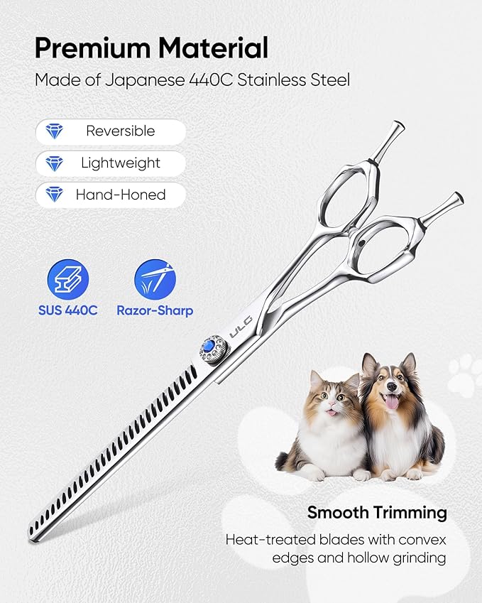 ULG Professional Dog Grooming Scissors 7.0” Straight Chunker Shear 65%-75% Thinning Rate 440C Japanese Stainless Steel Tension Adjustable Right Handed Pet Grooming Shears