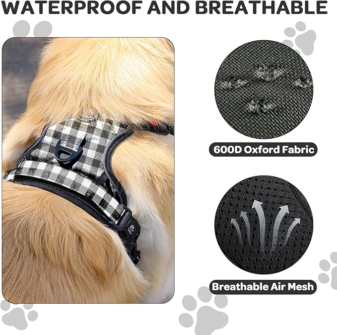 FURRYFECTION Plaid Dog Harness for Small Dogs, Reflective No Pull Adjustable Pet Vest with Front Clip, Leash, Easy Control Handle and Seat Belt, Beige&White, S