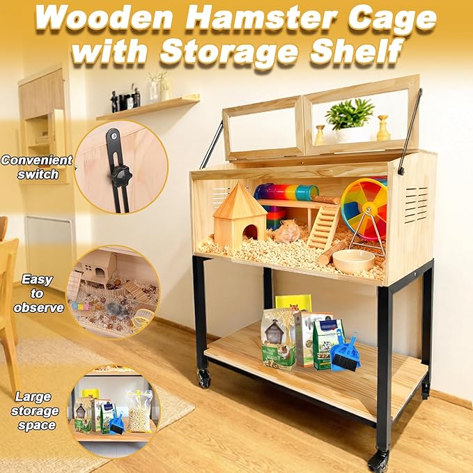 Hamster Cage with Storage, Wooden Hamster Cage, Pine, Guinea Pig Cages, 31.5"L x 15.7"W x 38.0"H, 2 Tiers Movable Large Hamster Cages with Storage Shelf for Guinea Pig, Chinchilla, Rat, Bunny, etc.