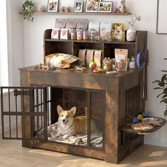 Petrova 33" Dog Crate Furniture with Storage Shelf & 2 Stainless Steel Bowls, Heavy Duty Indoor Dog Kennel for Medium/Small Dogs, Wooden Dog Cage with 4 Hooks, LED Light, Walnut Brown
