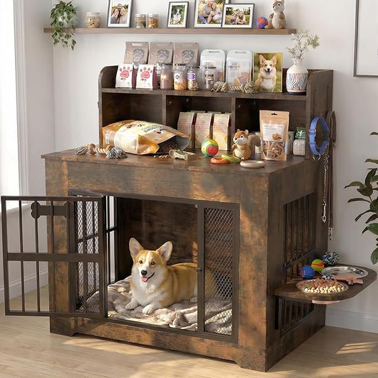 Petrova 33" Dog Crate Furniture with Storage Shelf & 2 Stainless Steel Bowls, Heavy Duty Indoor Dog Kennel for Medium/Small Dogs, Wooden Dog Cage with 4 Hooks, LED Light, Walnut Brown