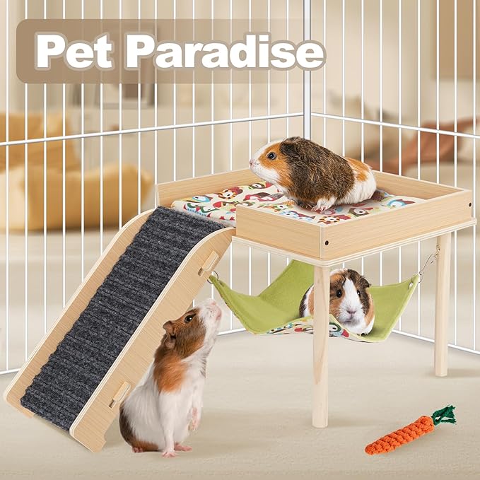 Guinea Pig Hammock with Ramp, Wooden Guinea Pig Hideout Toys with Platform, Guinea Accessories Castle with Soft Mat & Stairs for Cage Small Animals Hamsters Chinchilla Hedgehog Rat Ferret Bunny