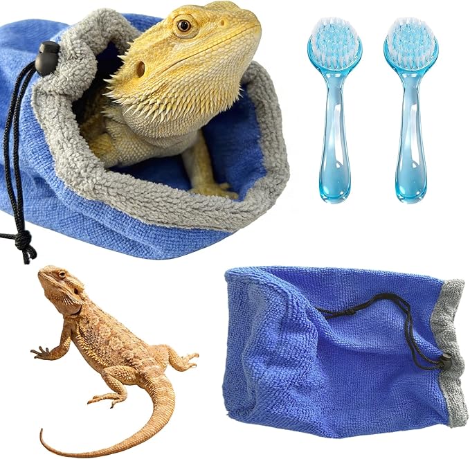 Bearded Dragon Bath Towel Bag with 2Pcs Reptile Bathing Brush, Reptile Bath Tub, Fast Drying Absorbent Lizard Towel for Lizards, Geckos, Guinea Pigs and Hedgehogs