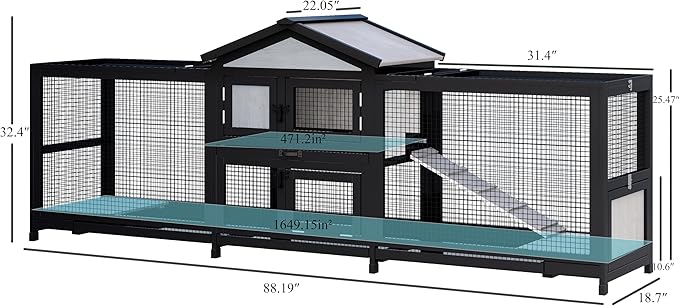 89" Wooden Rabbit Hutch Bunny Cage Pet Playpen House Enclosure with Double Side Run Boxes, Ramp, for Guinea Pig and Small Animals, Black