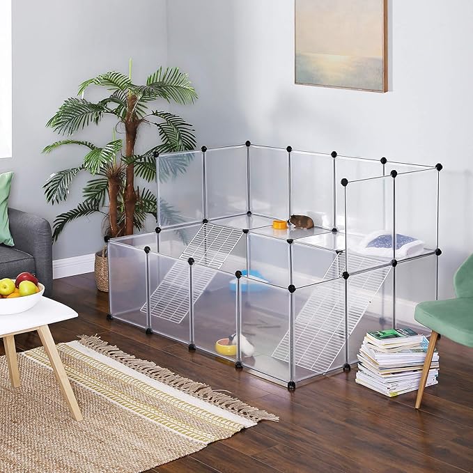 SONGMICS Guinea Pig Playpen with Dense Ramp, Indoor Rabbit Run Hutch Cage, Large Exercise Enclosure with Stairs, DIY Plastic Modular Fence for Hamster, Pet, Small Animals, White ULPC004W01