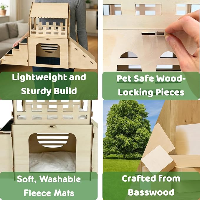 OtterPets Extra Large Bunny Hideout, Cozy Rabbit Castle with Fleece Mats, Wooden Rabbit Hideout, Bunny House Indoor Indoor, Chinchilla, Guinea Pig House (DIY Paint Kit)