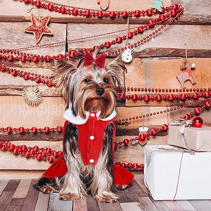 Dog Christmas Red Velvet Dress Cute Puppy Xmas Outfits Santa Claus Cat Skirt with 2 Bow Accessories Thermal Winter Warm Dog Clothes Coat Holiday Costumes(X-Large)